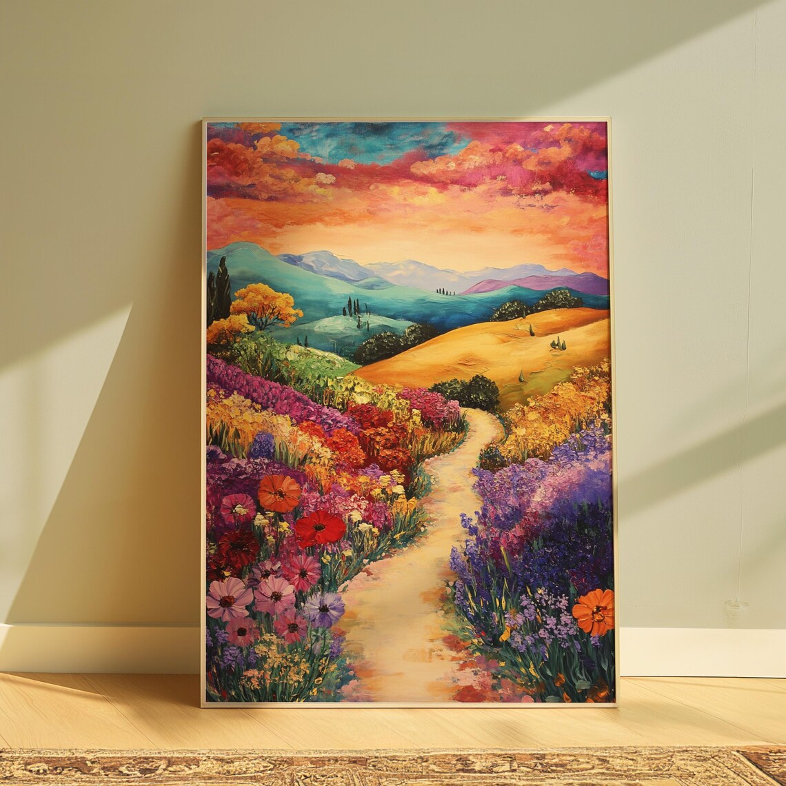 Flower Lined Path Sunset Hills Poppies Lavender Romantic Landscape Poster