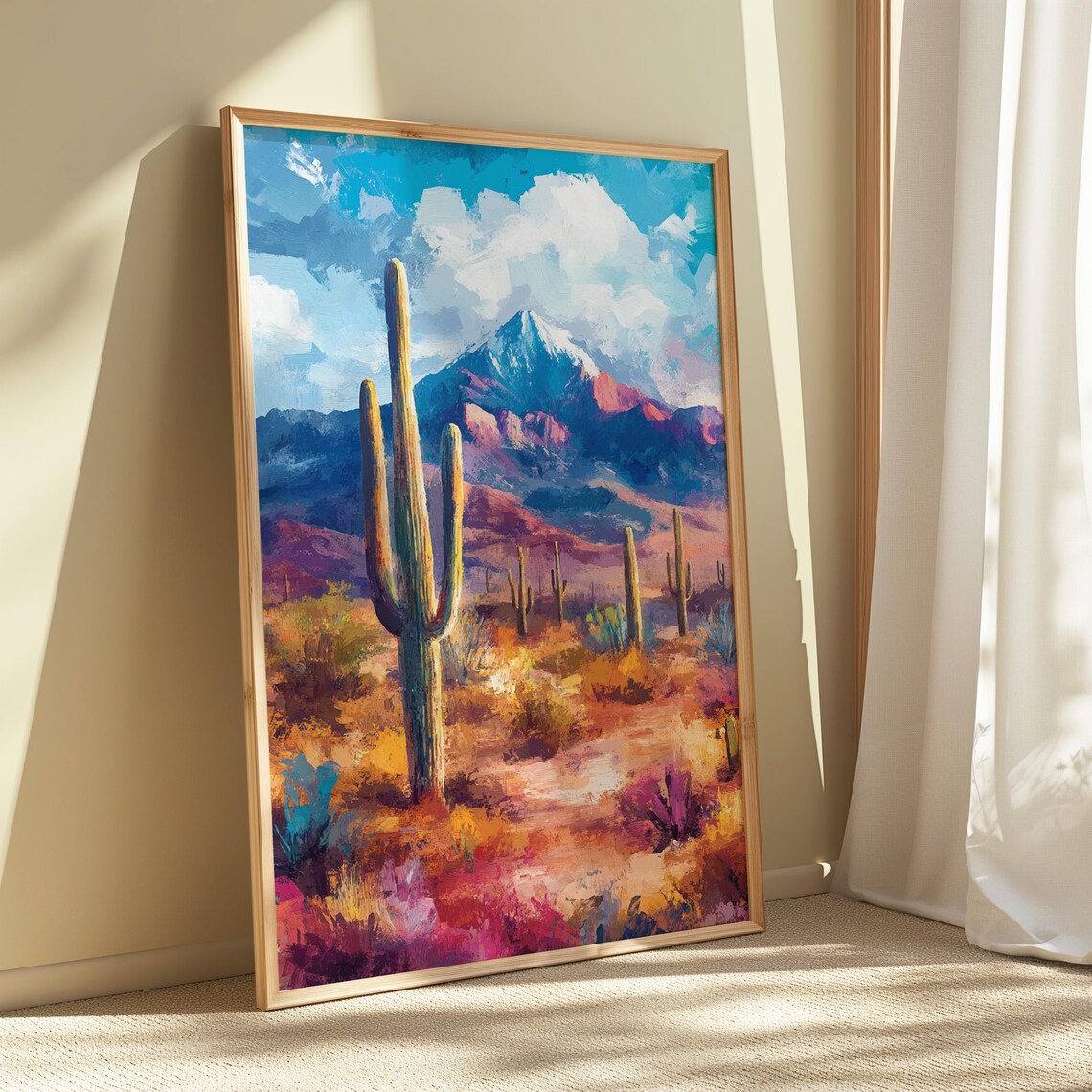 Mexican Desert Saguaro Cactus Snow Capped Mountain Colorful Landscape Poster - Image 5