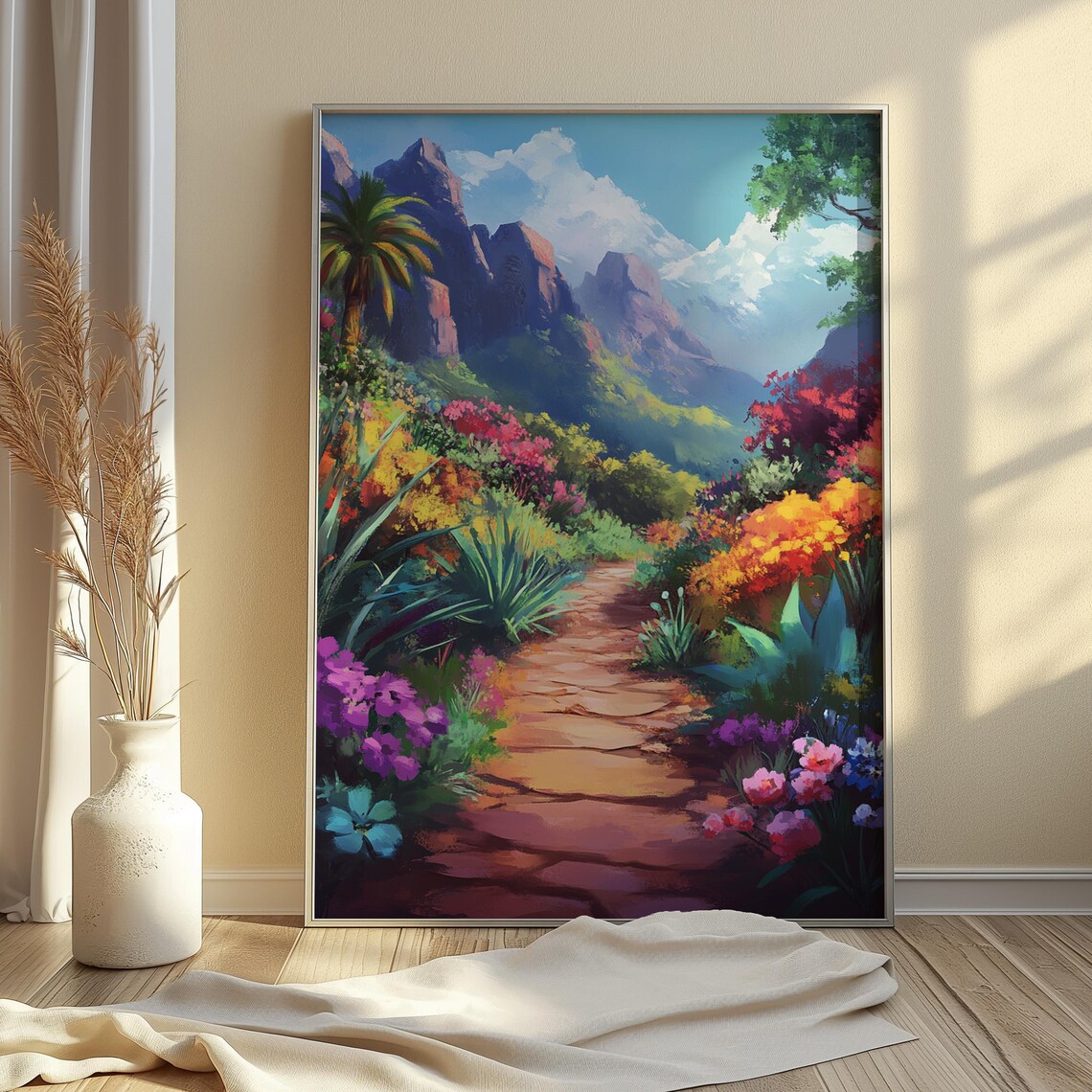 Stone Garden Path Red Rock Mountains Tropical Bloom Colorful Travel Poster - Image 4