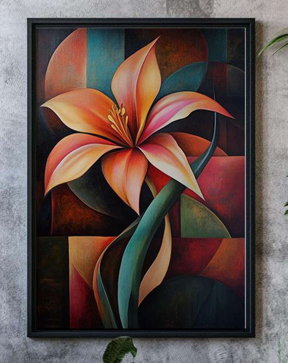 Glowing Orange Lily Bloom Stained Glass Style Floral Wall Art