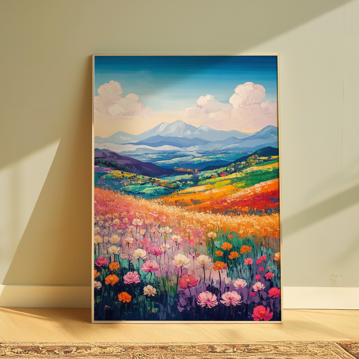 Alpine Wildflower Meadow Snow Capped Peaks Colorful Mountain Wall Art Poster