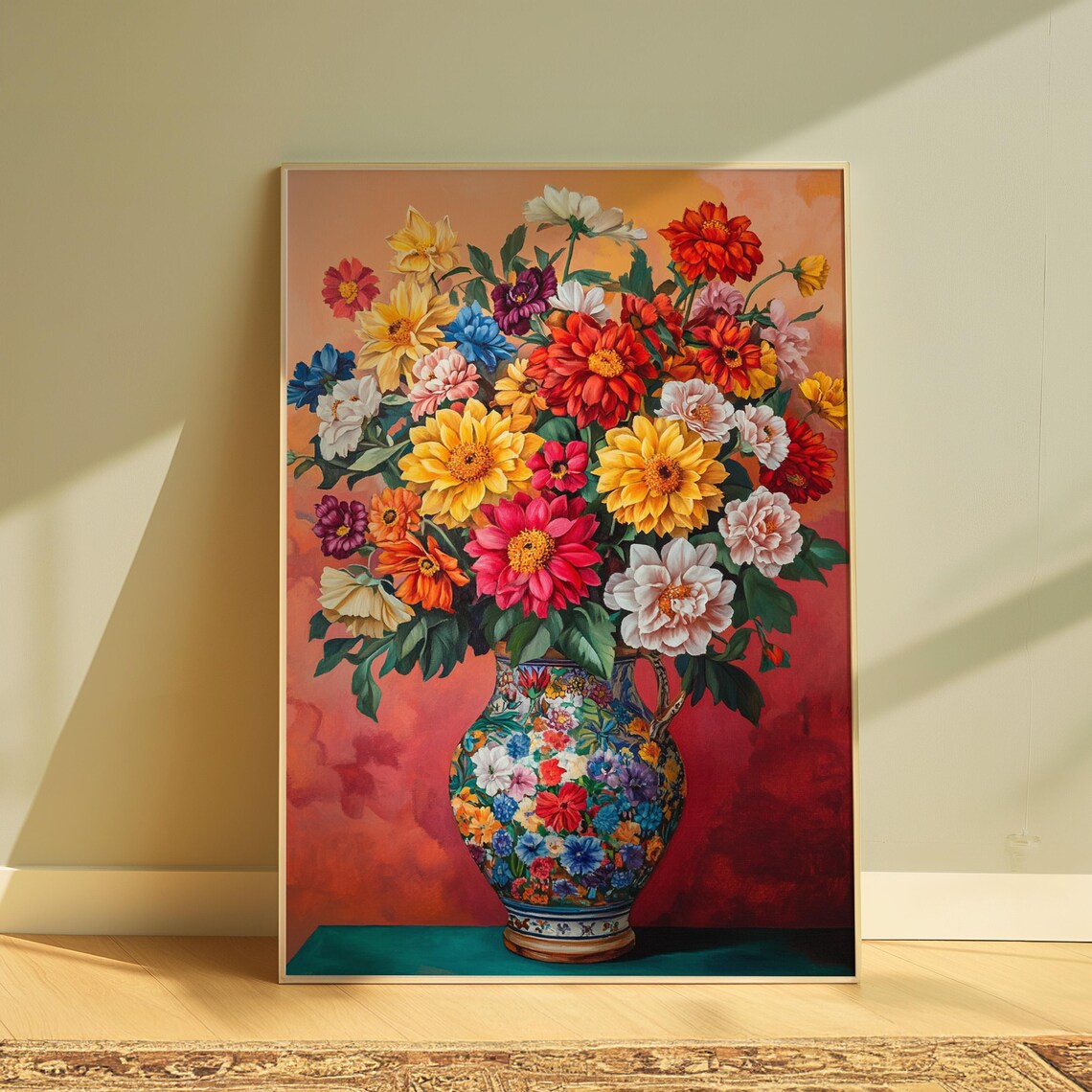 Sunset Zinnia Dahlia Bouquet Ornate Blue Vase Coral Warm Floral Poster