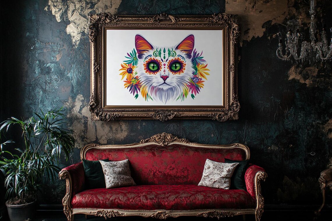 Day Of The Dead Cat With Colorful Floral Wreath Portrait Poster - Image 2