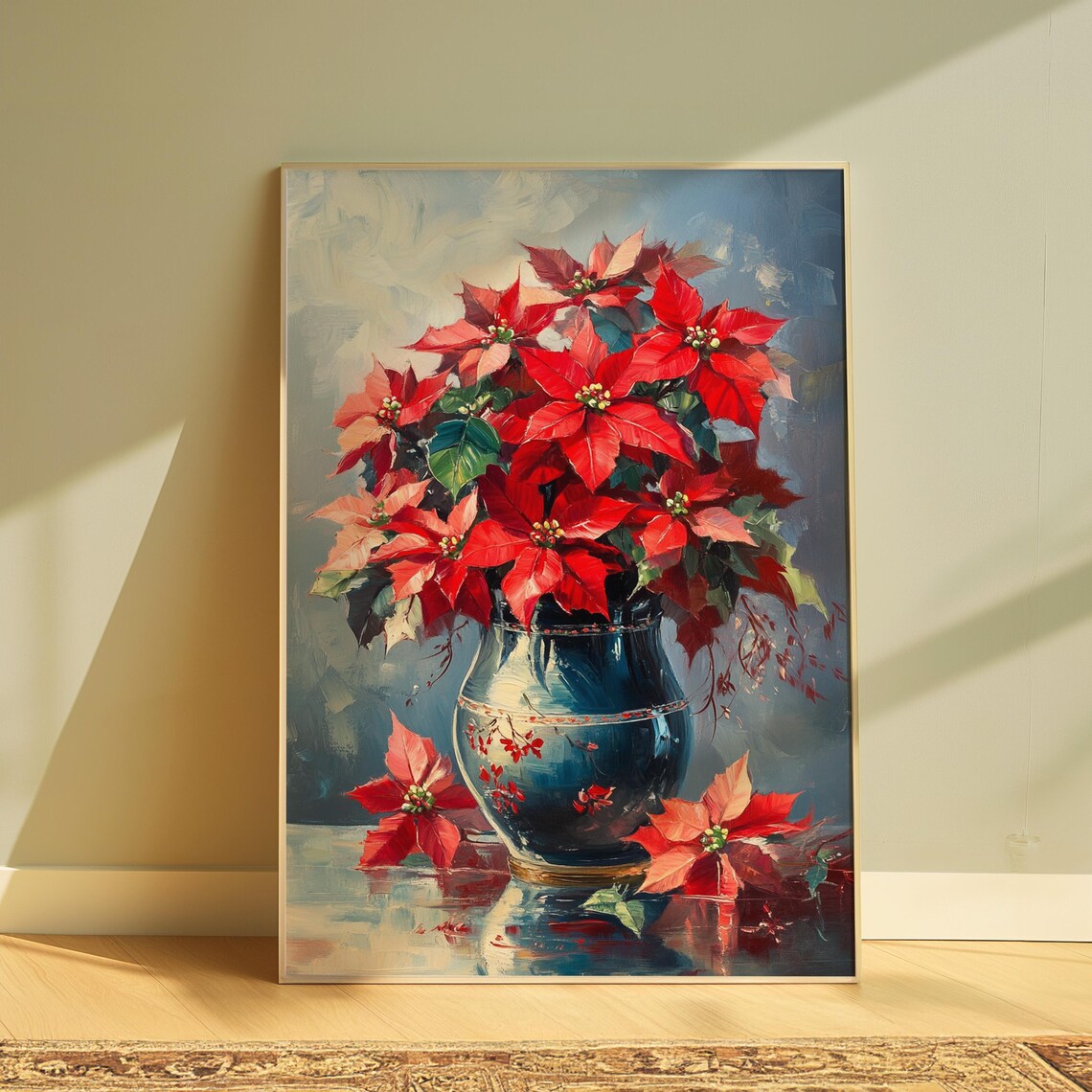 Red Poinsettia Bouquet in Blue Talavera Vase Holiday Floral Poster
