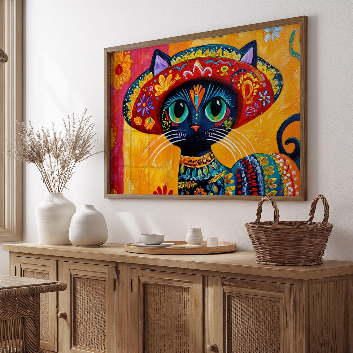 Black Cat in Floral Sombrero Mexican Fiesta Folk Art Vivid Cat Poster