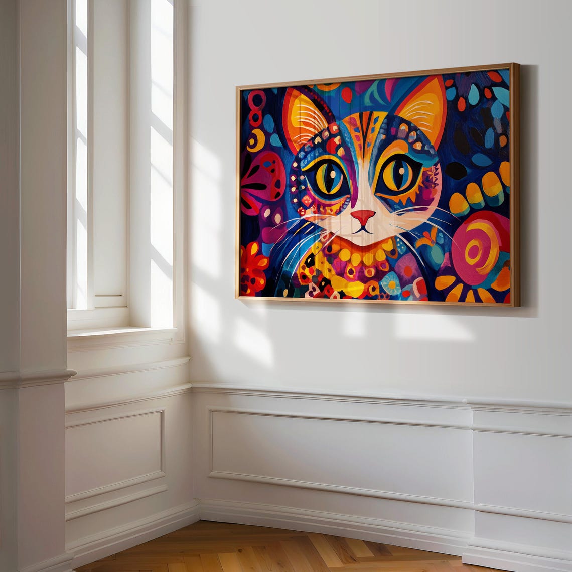 Symmetrical Cat Face Folk Art Big Yellow Eyes Navy Patterned Poster - Image 3