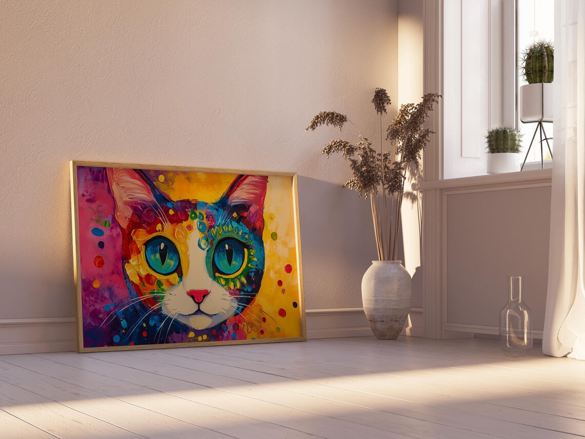 Boho Folk Art Cat Face Big Teal Eyes Flower Patterns Colorful Cat Poster - Image 2