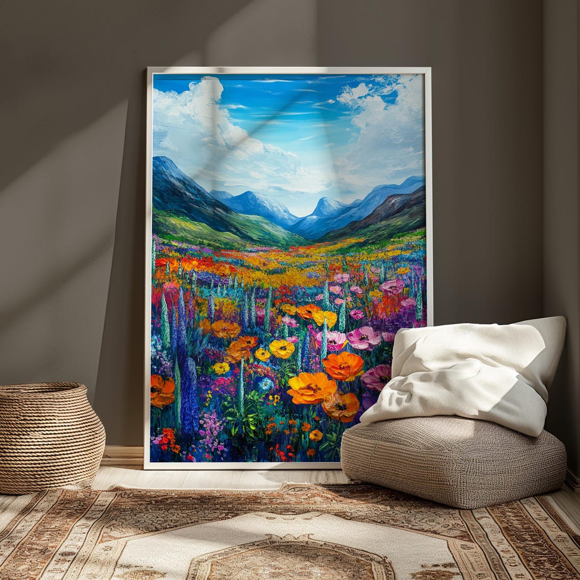Colorful Wildflower Valley Blue Mountain Impressionist Art Print - Image 3