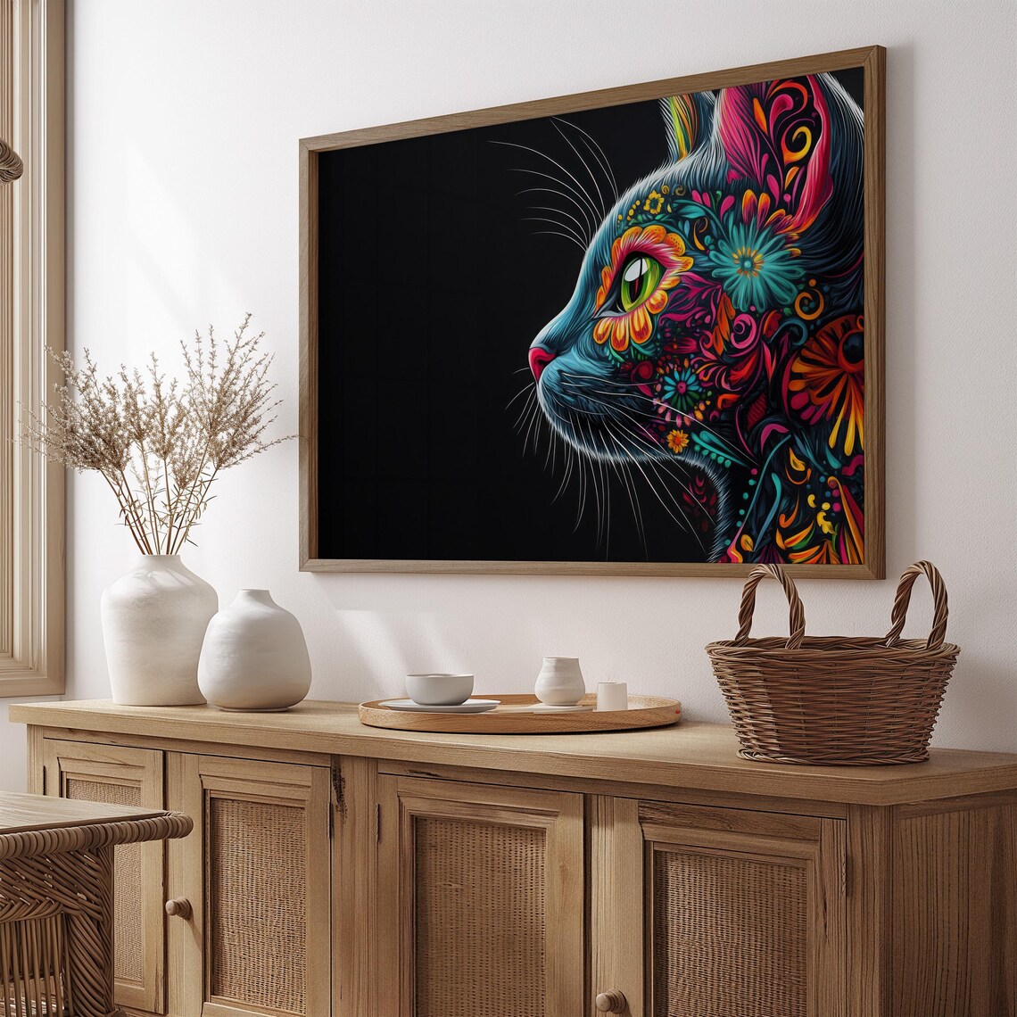 Mexican Alebrije Cat Profile Portrait Colorful Folk Art on Black Poster