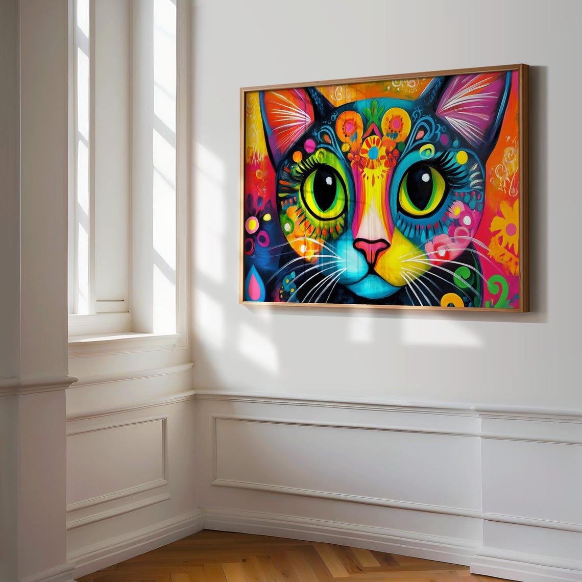 Vivid Cat Face Neon Carnival Patterns Huge Glowing Green Eyes Poster - Image 3