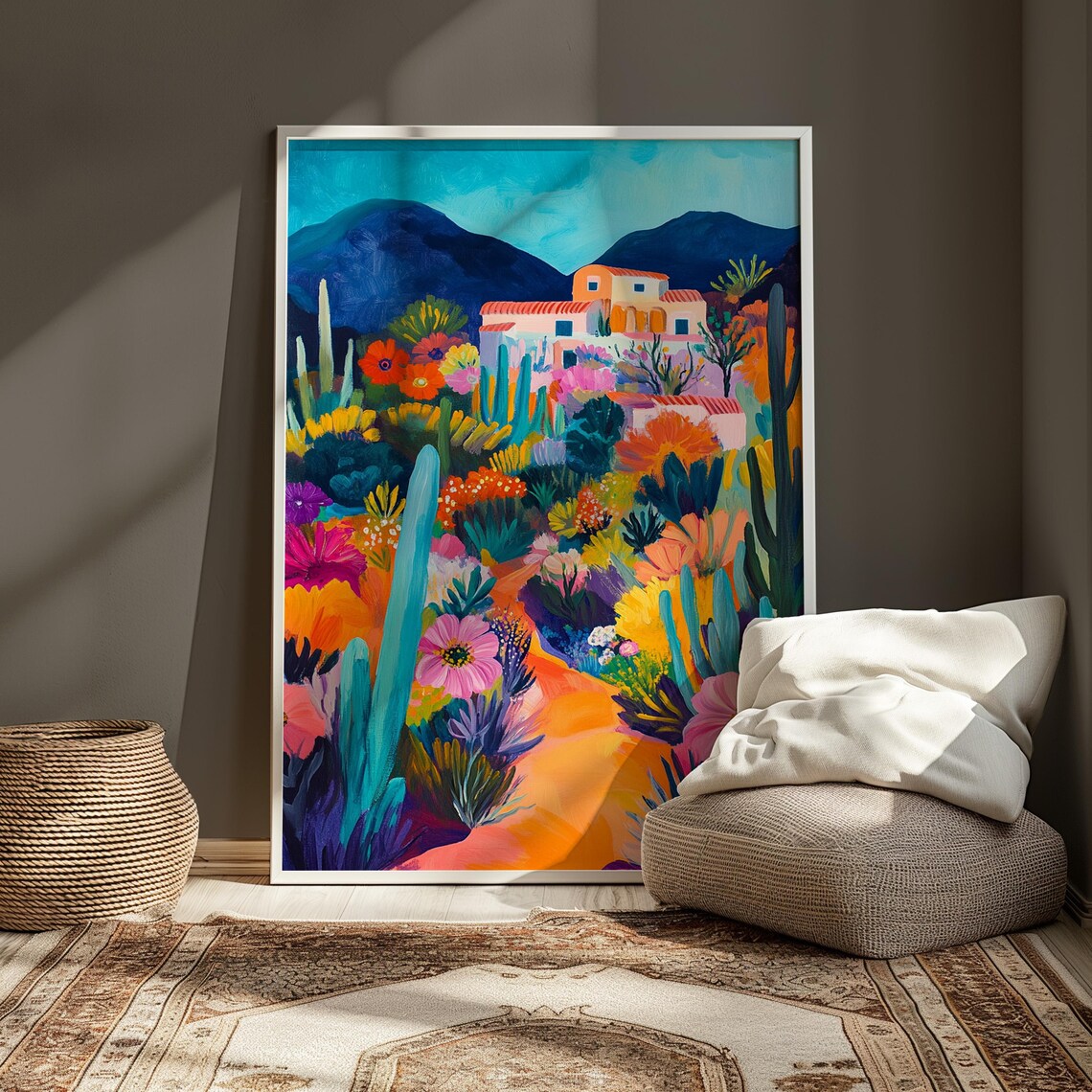 Desert Village Saguaro Cacti Pink Flowers Blue Mountain Art Print - Image 3