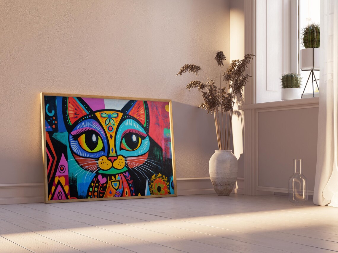Neon Pop Art Cat Face Electric Colors Bold Abstract Feline Portrait Poster - Image 2
