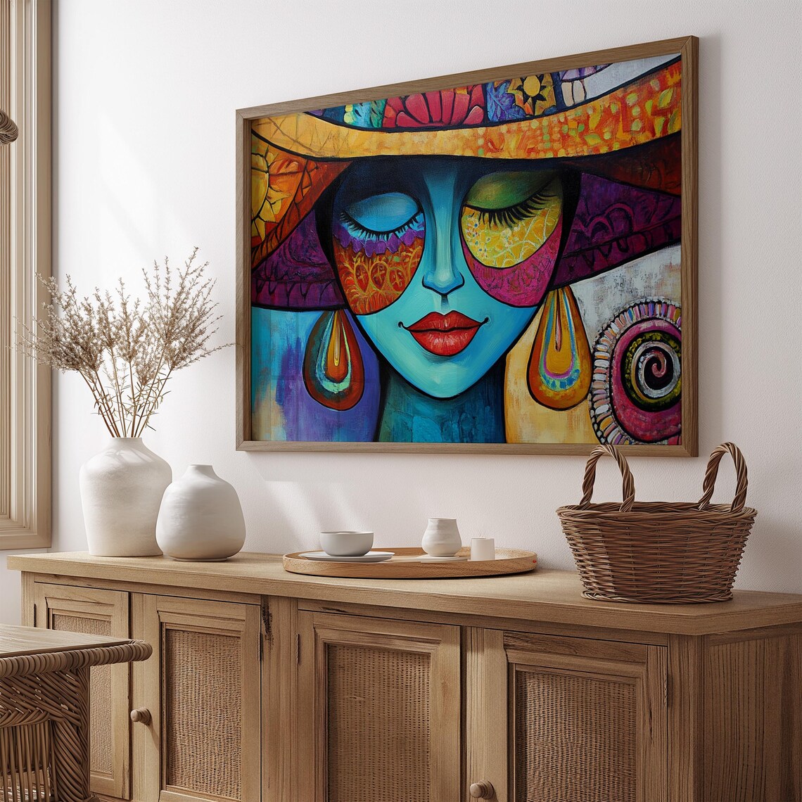 Mexican Woman Portrait Sombrero Colorful Blue Face Art Print