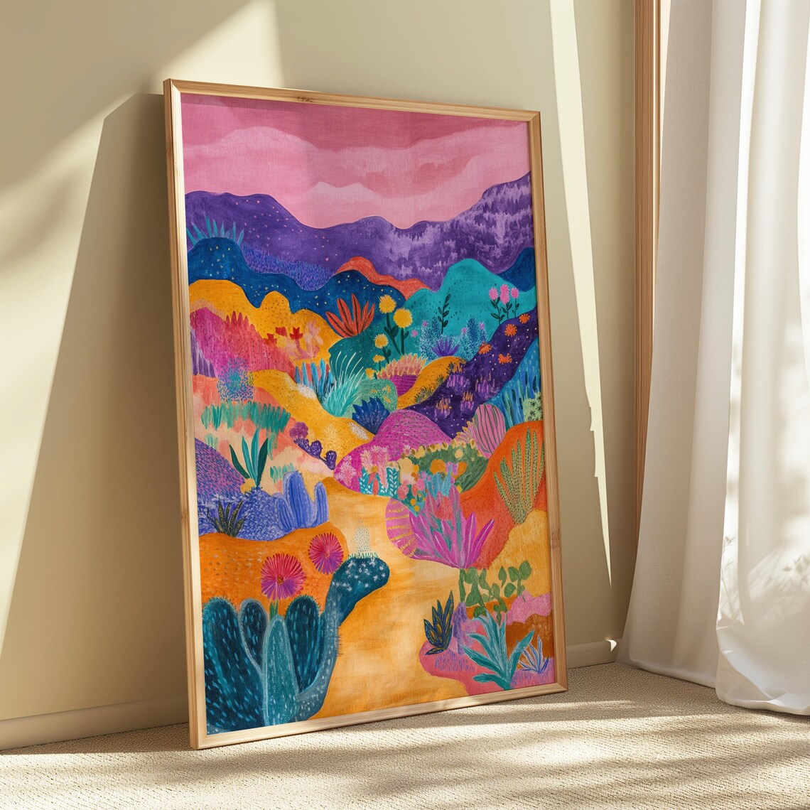 Whimsical Desert Cactus Garden Pink Mountains Colorful Art Print - Image 5