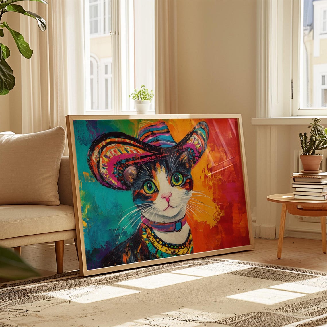 Cat Wearing Colorful Sombrero Fun Mexican Folk Art Portrait Poster - Image 4
