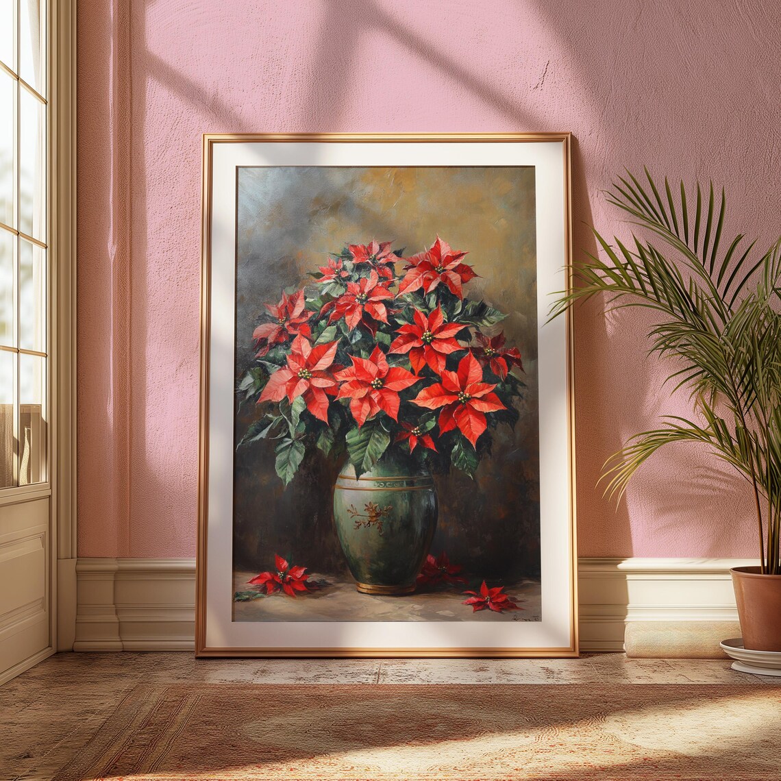 Red Poinsettia Celadon Green Vase Gold Motif Christmas Poster Print - Image 2