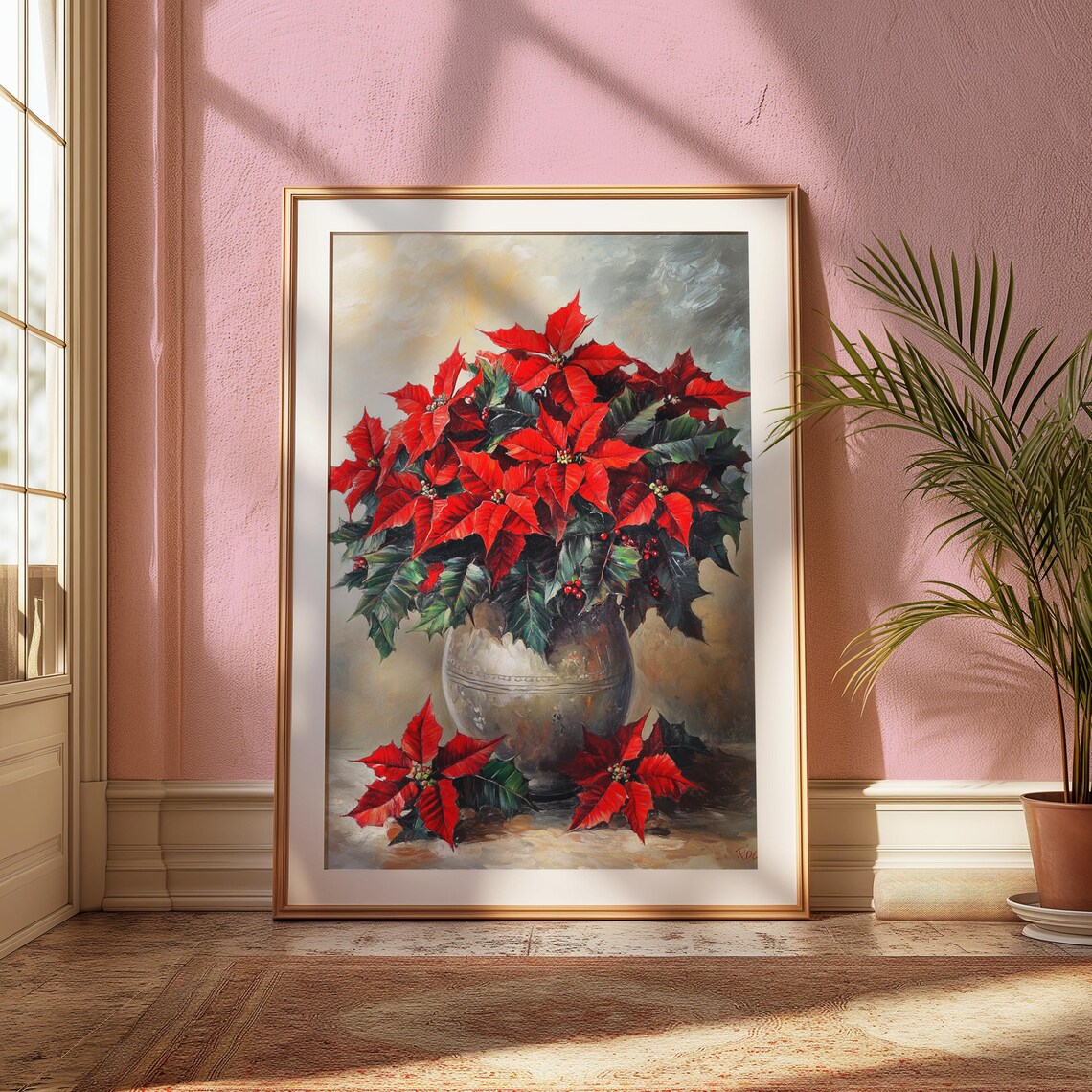 Red Poinsettia Bouquet Silver Vase Elegant Christmas Still Life Poster - Image 2