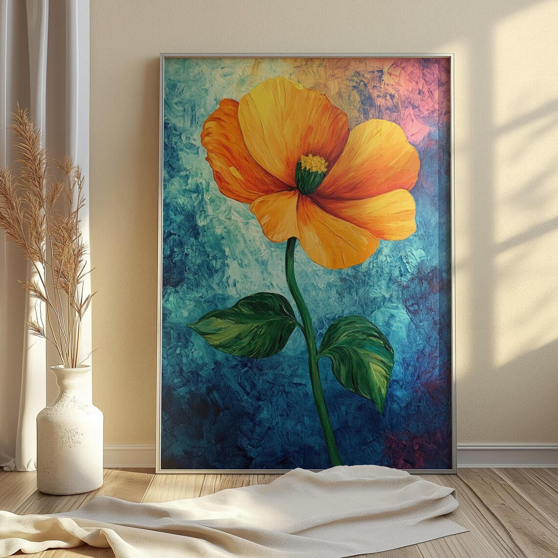 Golden Orange Poppy Bloom Textured Teal Background Floral Art Poster - Image 4