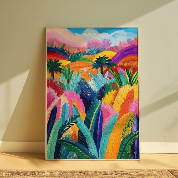 Vibrant Tropical Palm Hills Jungle Foliage Landscape Painting Poster