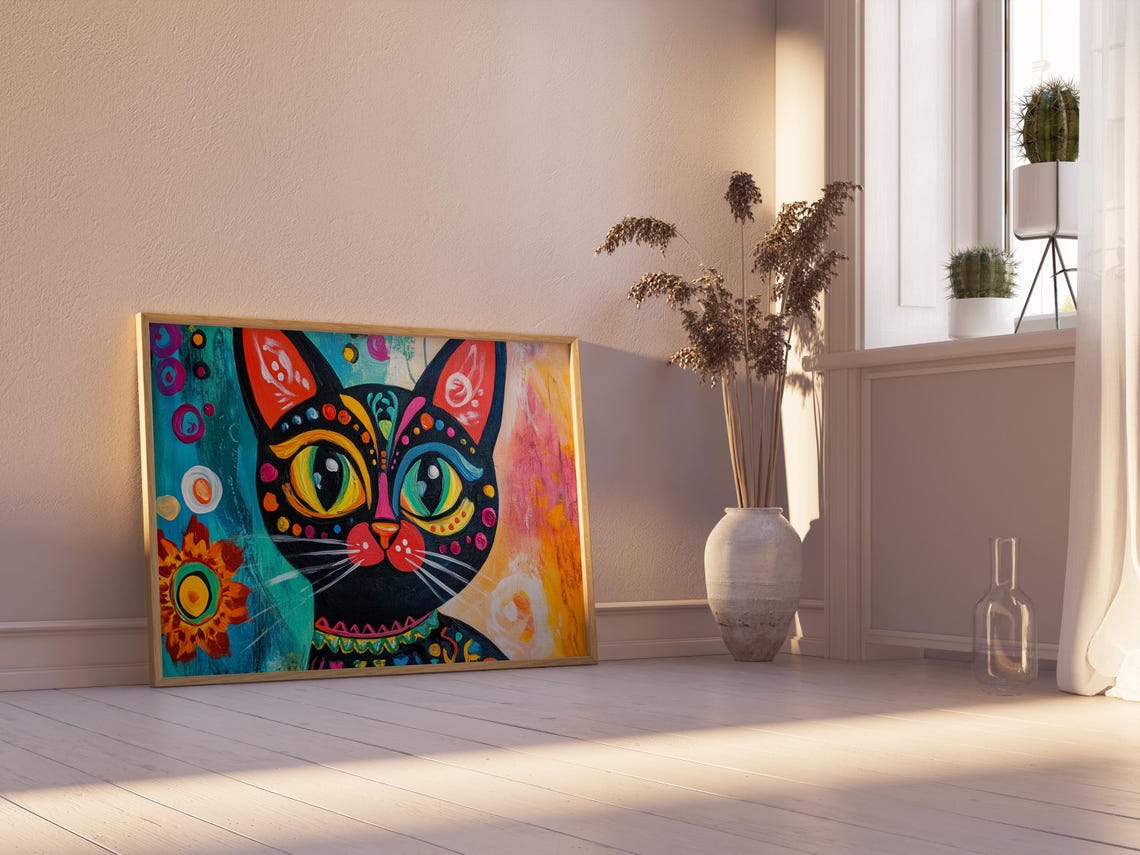 Black Cat With Green Eyes Red Cheek Patterns Bold Folk Poster - Image 2