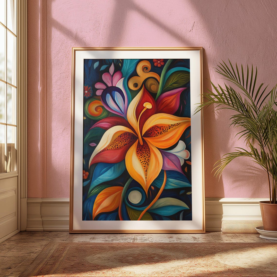 Swirling Orange Lily Teal Leaves Dark Botanical Floral Poster - Image 2