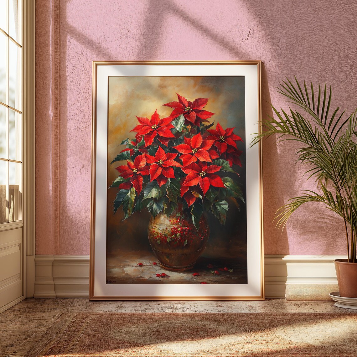 Red Poinsettia Copper Vase Moody Christmas Floral Still Life Poster - Image 2