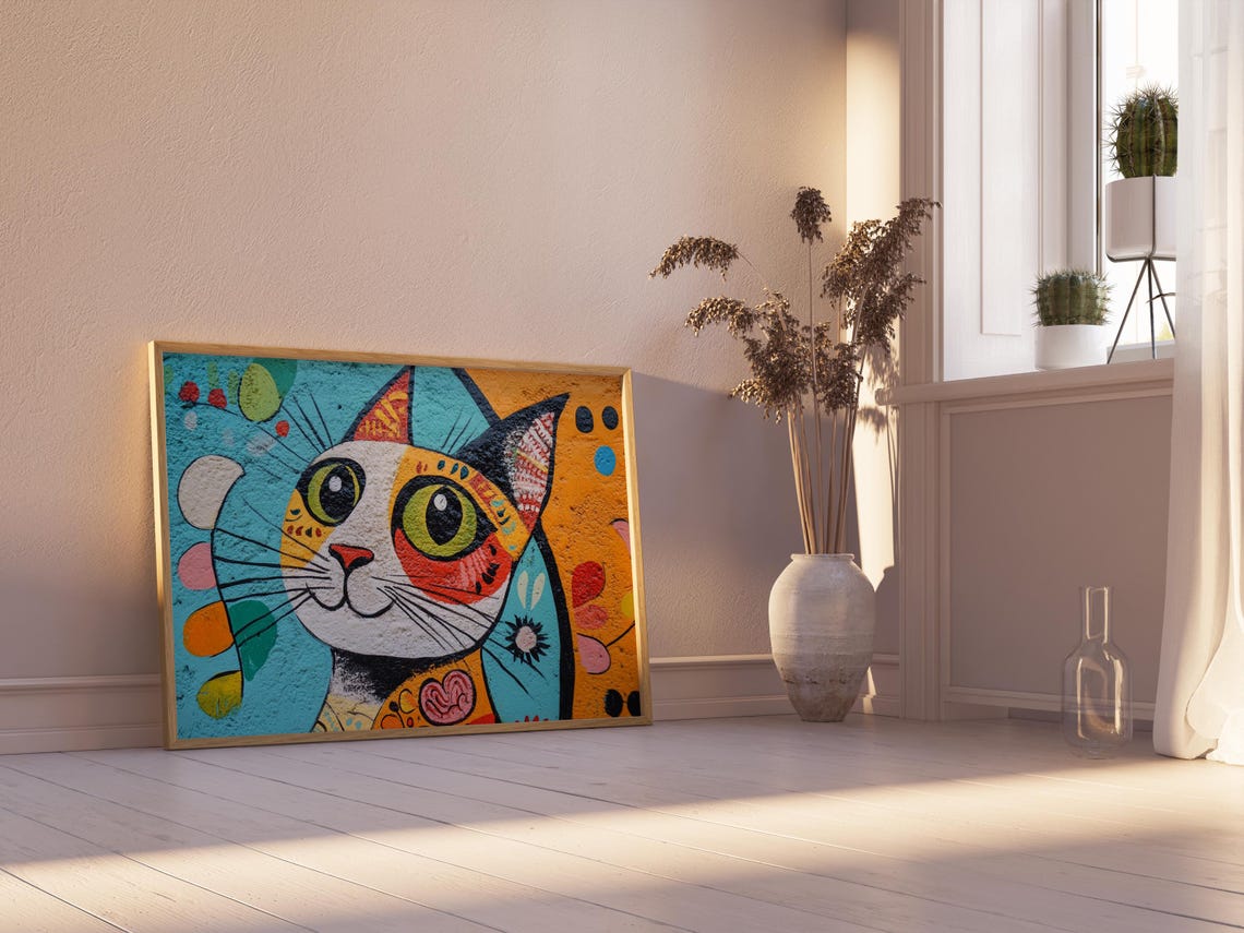 Whimsical Big Eyed Cat Face Pop Art Turquoise Orange Abstract Poster - Image 2