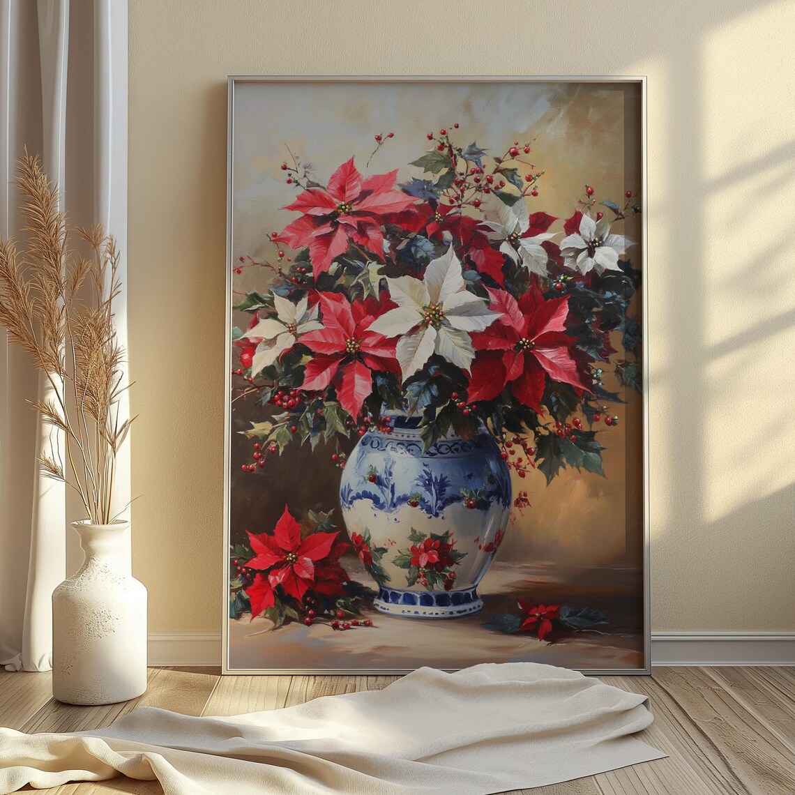 Red White Poinsettia Berries Blue Vase Christmas Still Life Poster - Image 3