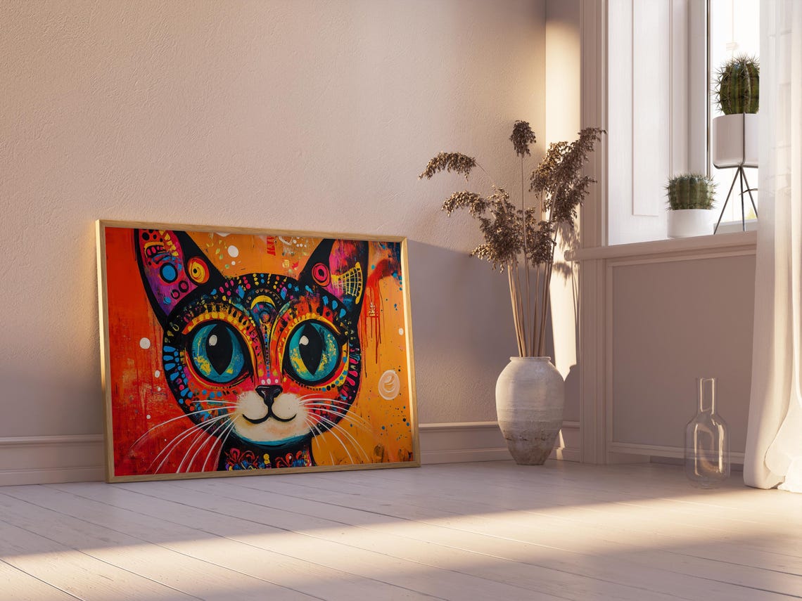 Patterned Cat Face Huge Blue Eyes Day Of The Dead Style Poster - Image 2