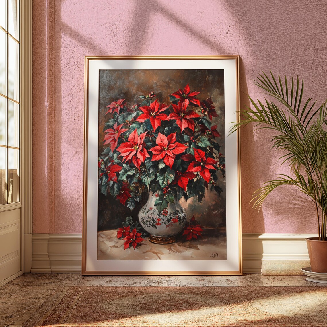 Red Poinsettia White Floral Vase Dark Background Christmas Poster - Image 2