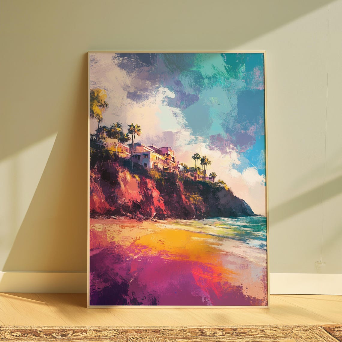 Golden Sunset Beach Red Cliffs Palm Trees Cliff Houses Art Print