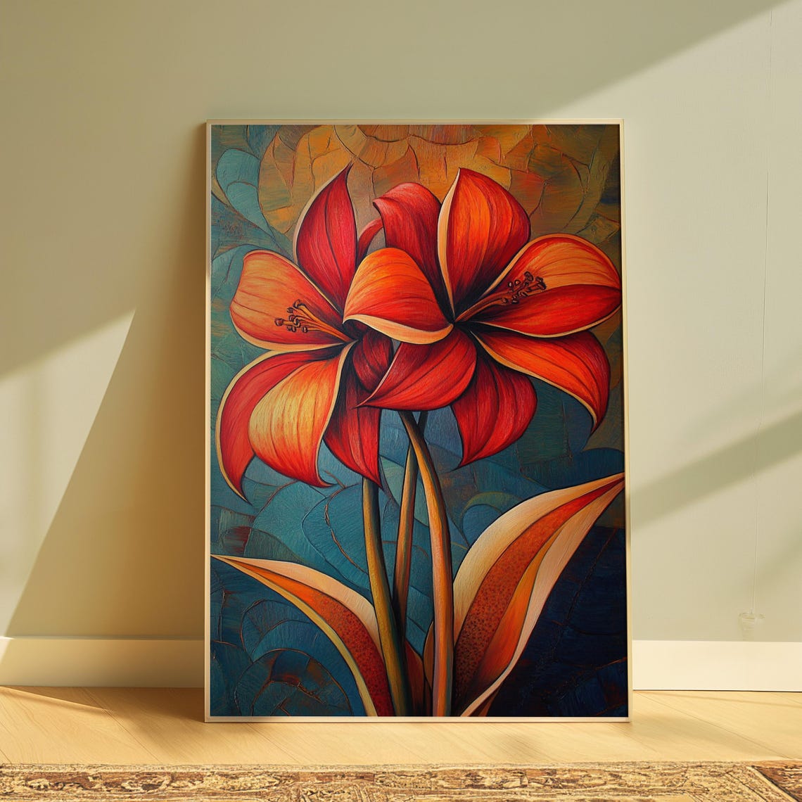 Twin Red Amaryllis Blooms Teal Mosaic Background Floral Poster