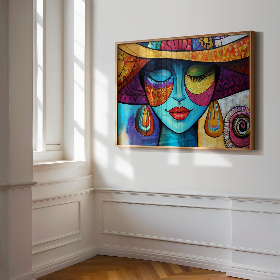 Mexican Woman Portrait Sombrero Colorful Blue Face Art Print - Image 3