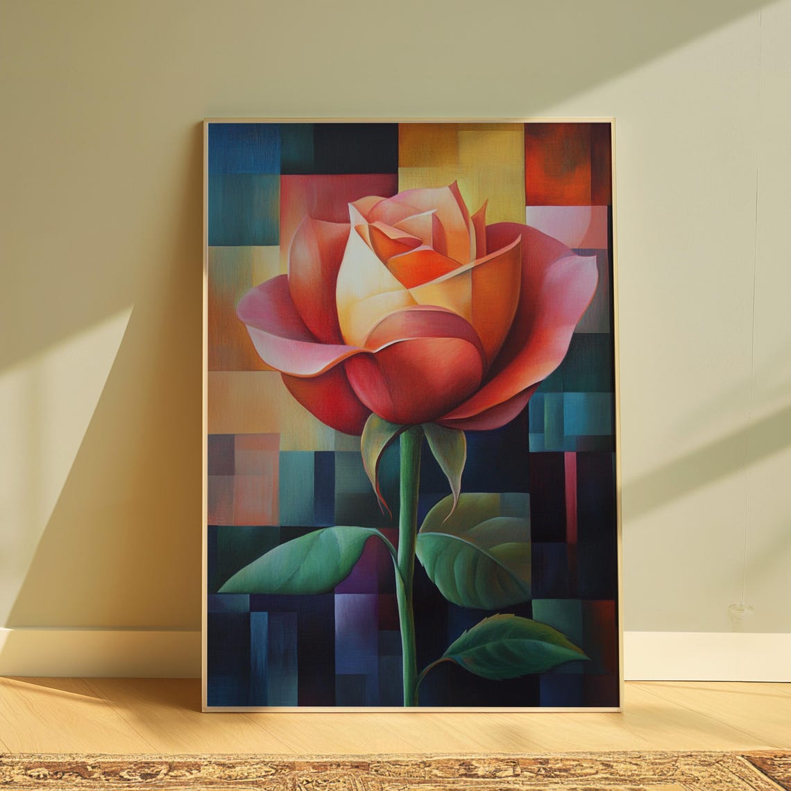 Red Orange Rose Cubist Color Block Modern Garden Floral Poster