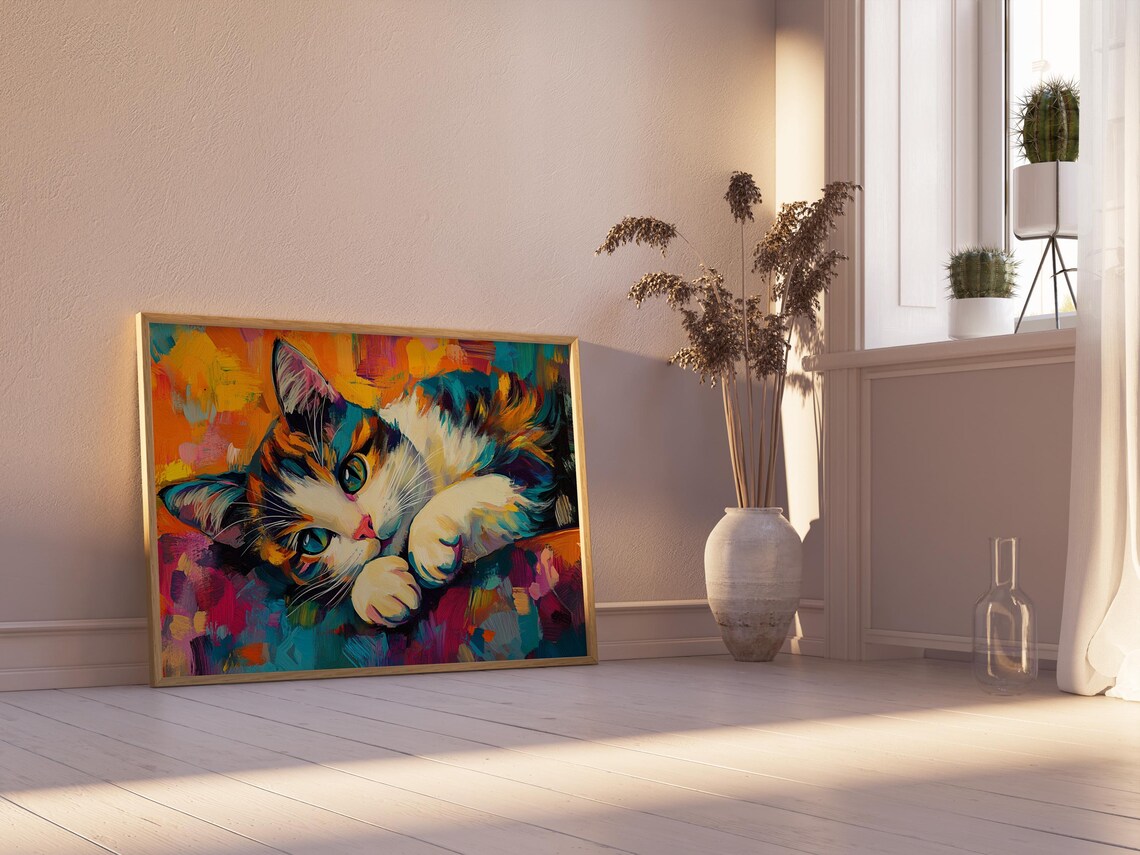 Calico Cat Resting Head on Paws Teal Eyes Abstract Colorful Art Poster - Image 2