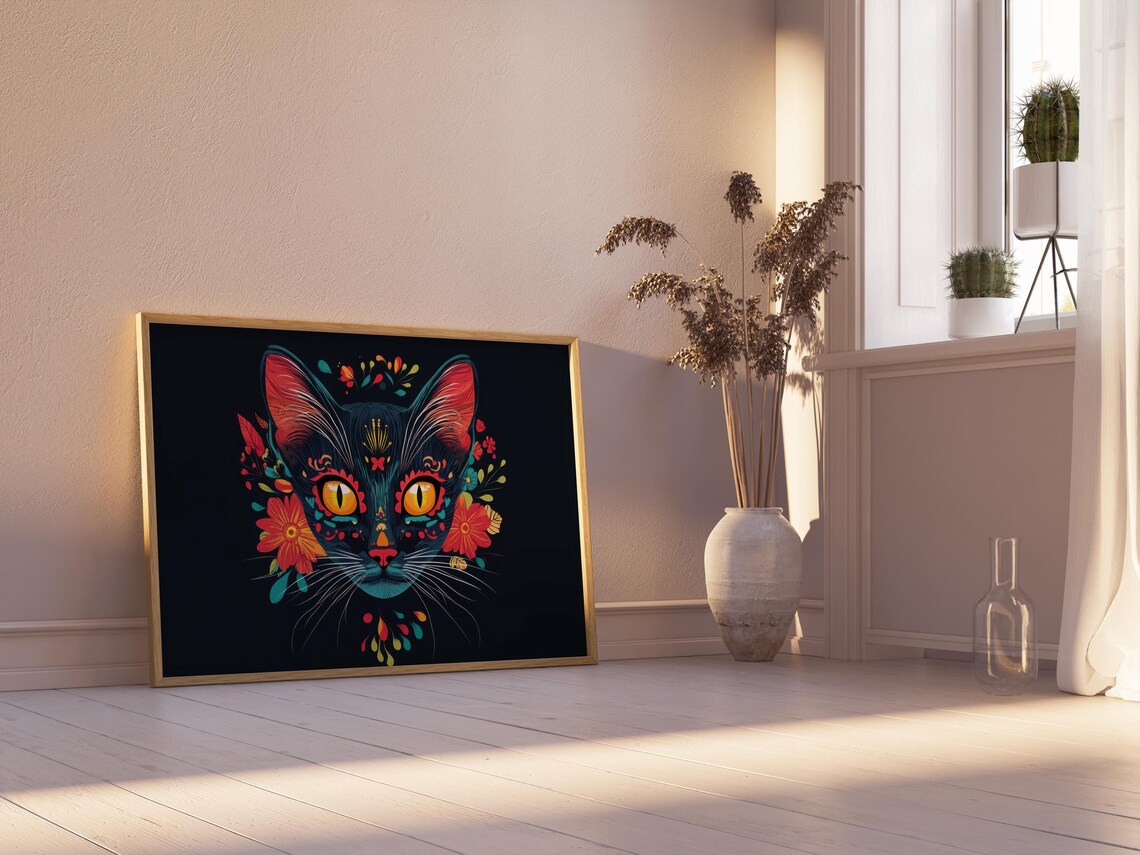 Symmetrical Black Cat Face Red Teal Floral Day of Dead Style Wall Art - Image 2