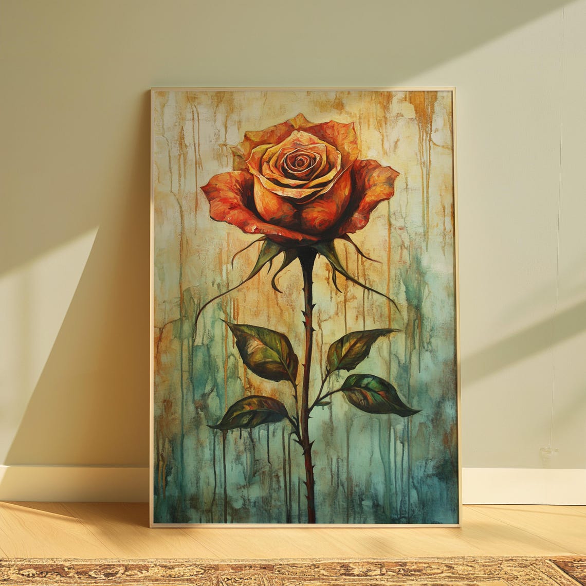 Rust Orange Rose Distressed Teal Beige Vintage Floral Poster