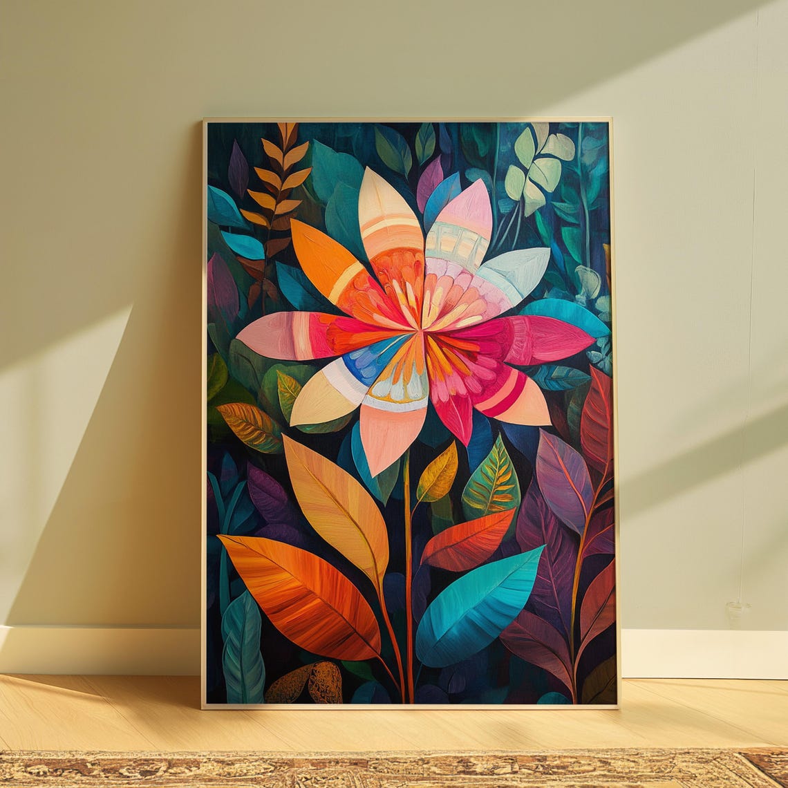 Banded Dahlia Bloom Dark Jungle Foliage Stained Glass Floral Poster