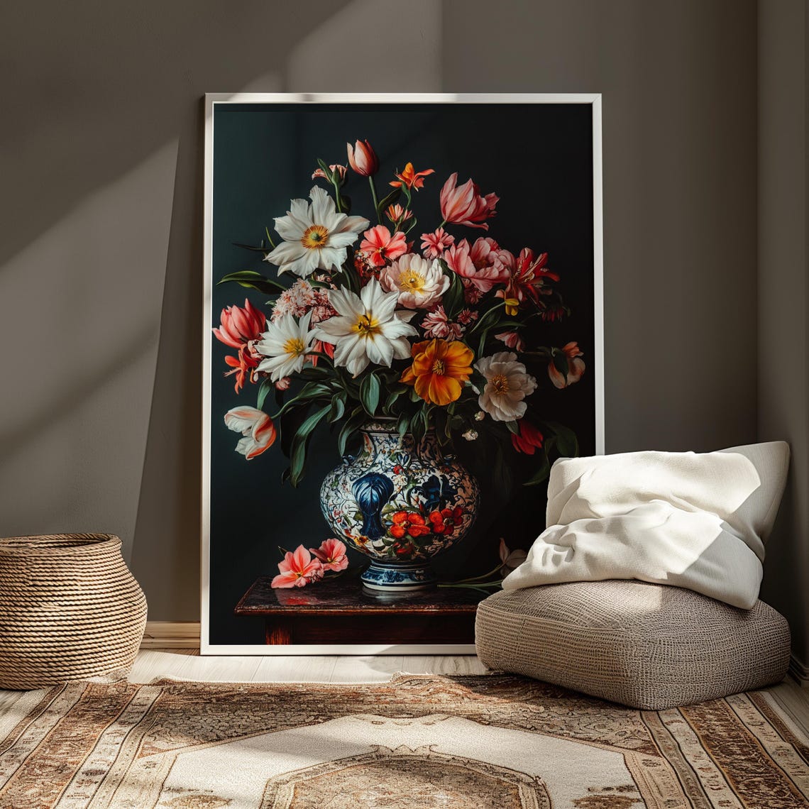 Elegant White Pink Blossom Bouquet Blue White Porcelain Vase Poster - Image 4