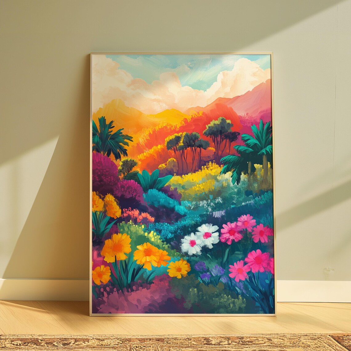 Tropical Garden Daisies Palm Trees Sunset Hills Lush Paradise Wall Art Poster