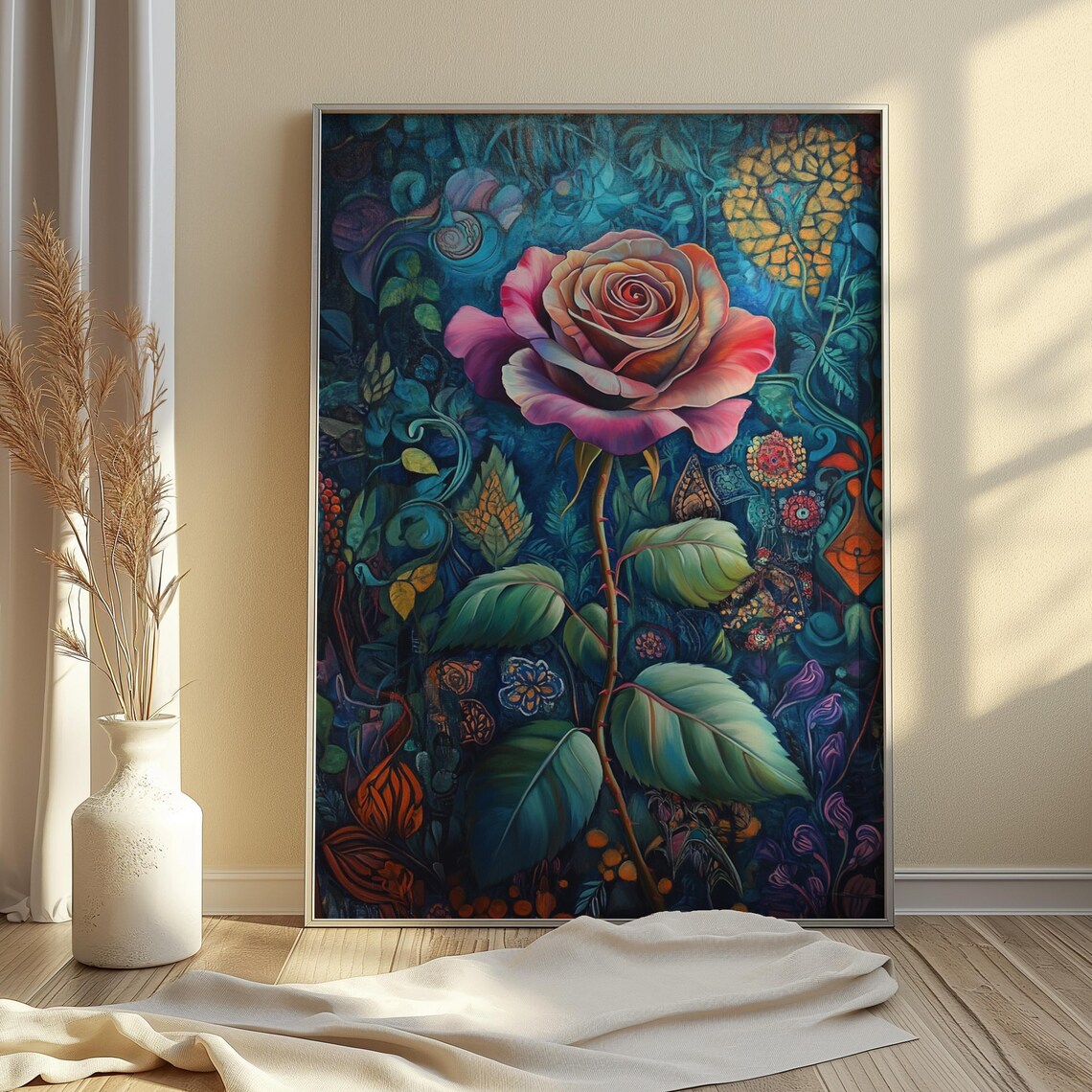Blush Pink Rose Teal Ornamental Garden Floral Painting Poster - Image 4