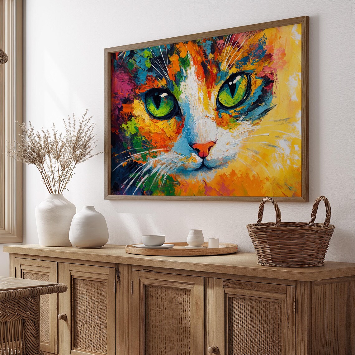 Calico Cat Face Thick Impasto Rainbow Brushstrokes Green Eyes Art Poster