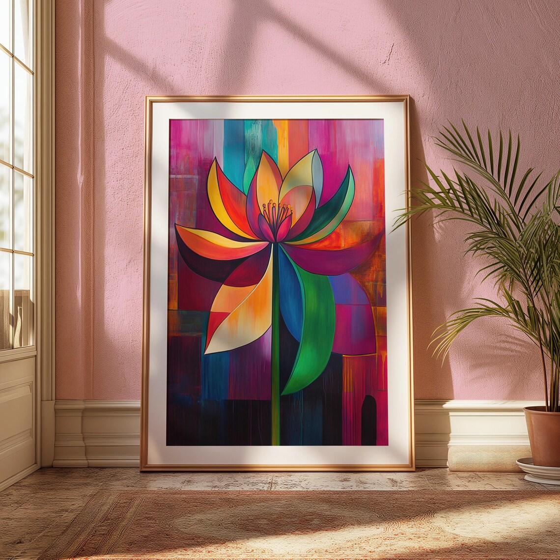 Rainbow Lotus Bloom Bold Colorful Abstract Modern Floral Art Poster - Image 2