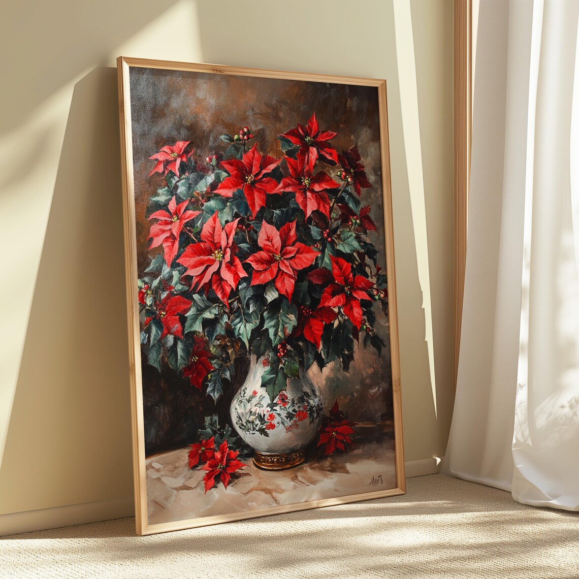 Red Poinsettia White Floral Vase Dark Background Christmas Poster - Image 5
