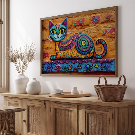 Cat Portrait Painting, Mexican Wall Art