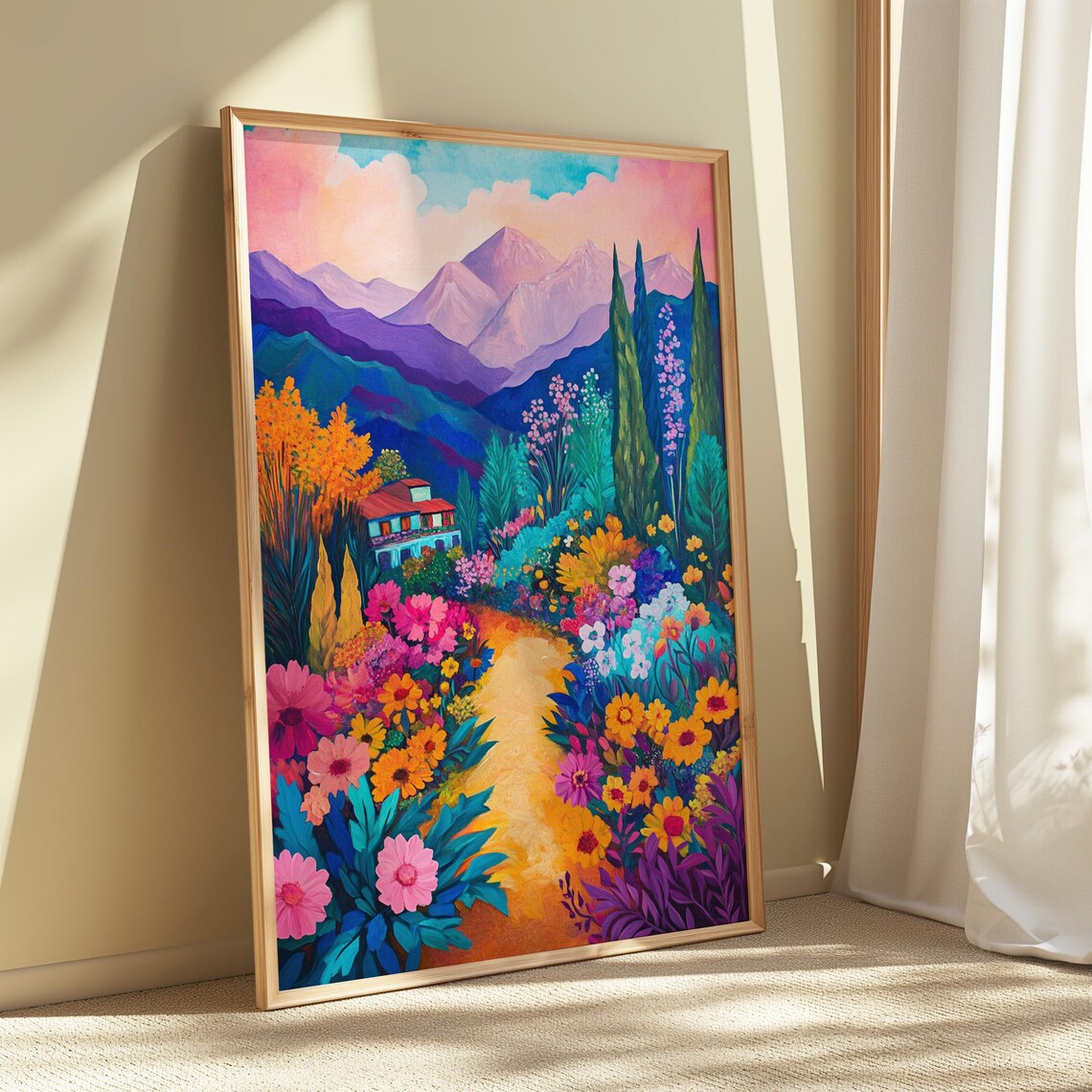 Flower Filled Valley Villa Purple Mountains Colorful Garden Landscape Poster - Image 5