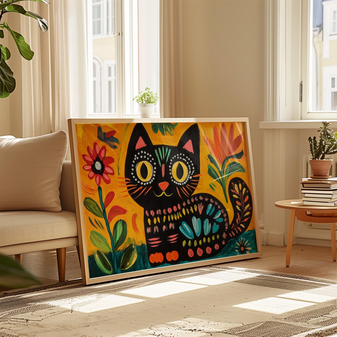 Naive Folk Art Black Cat in Flower Garden Yellow Sunset Cute Cat Poster - Image 4