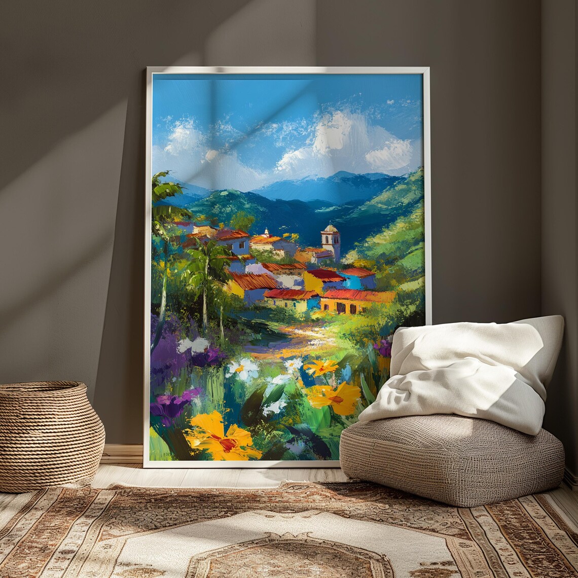 Mexican Hillside Village Red Tile Roofs Bell Tower Palms Mountain Backdrop Poster - Image 3