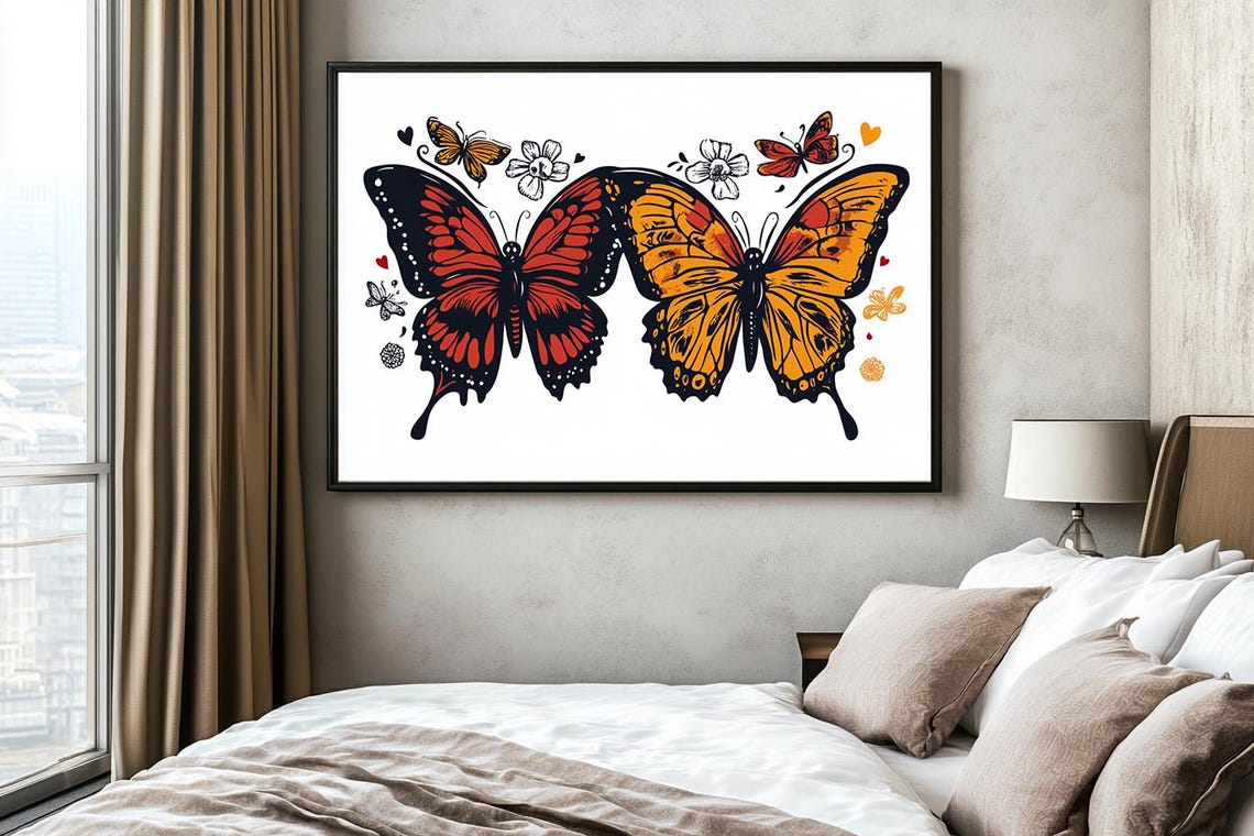Two Monarch Butterflies Red Orange Black Elegant Botanical Art Poster - Image 2