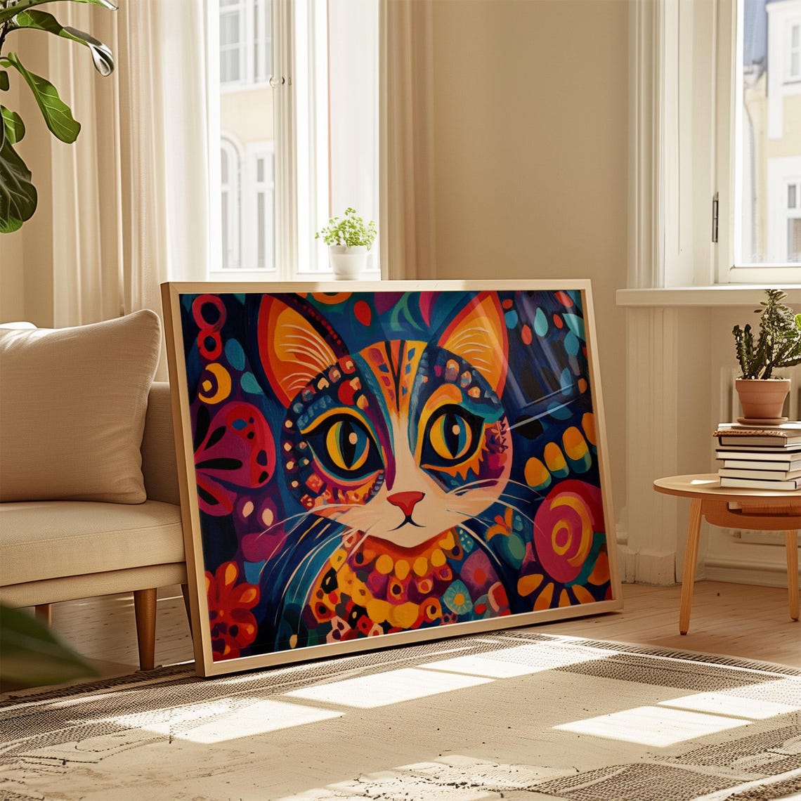 Symmetrical Cat Face Folk Art Big Yellow Eyes Navy Patterned Poster - Image 4